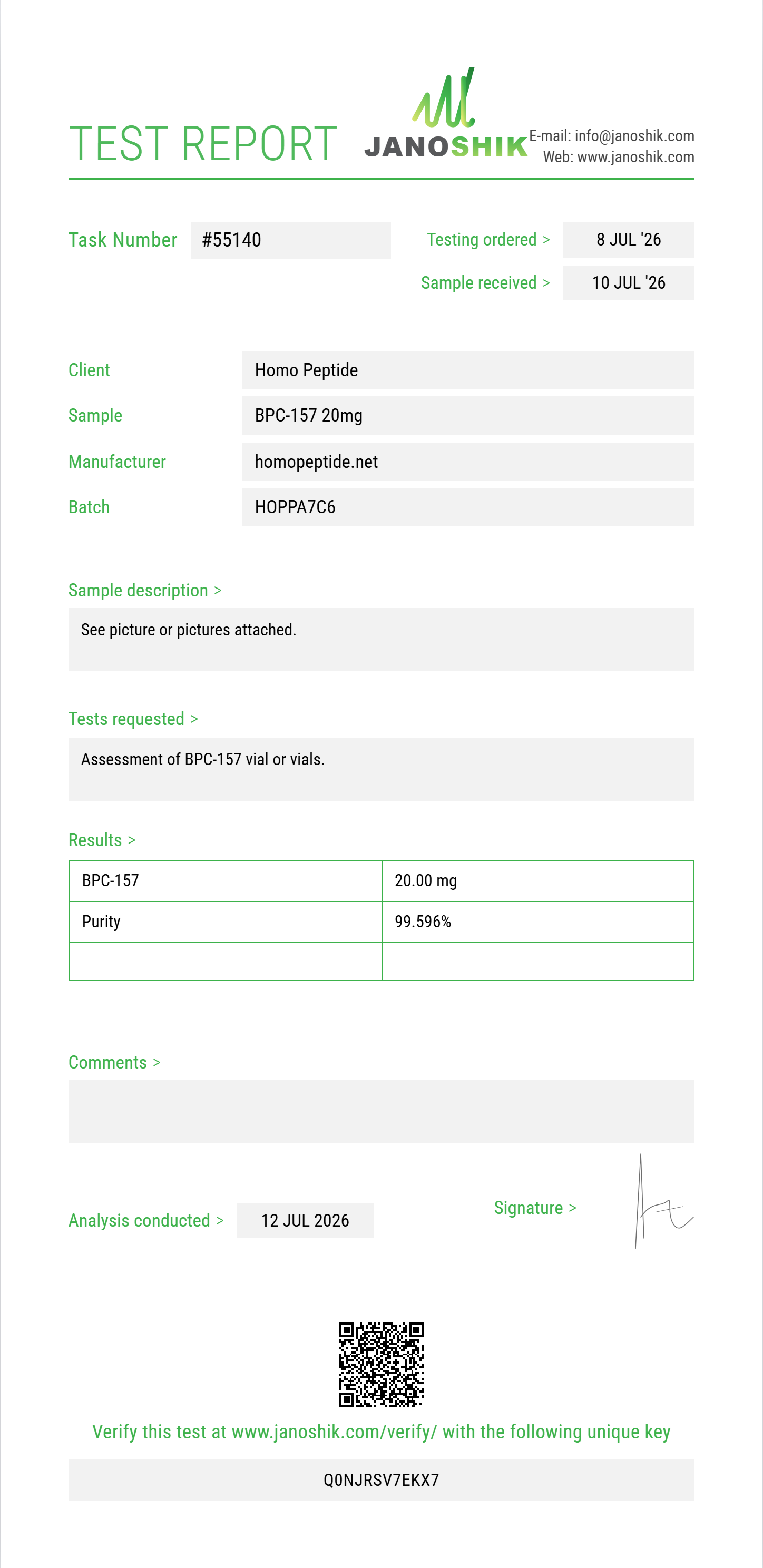 BPC-157 Purity (HPLC) report by Janoshik Analytical