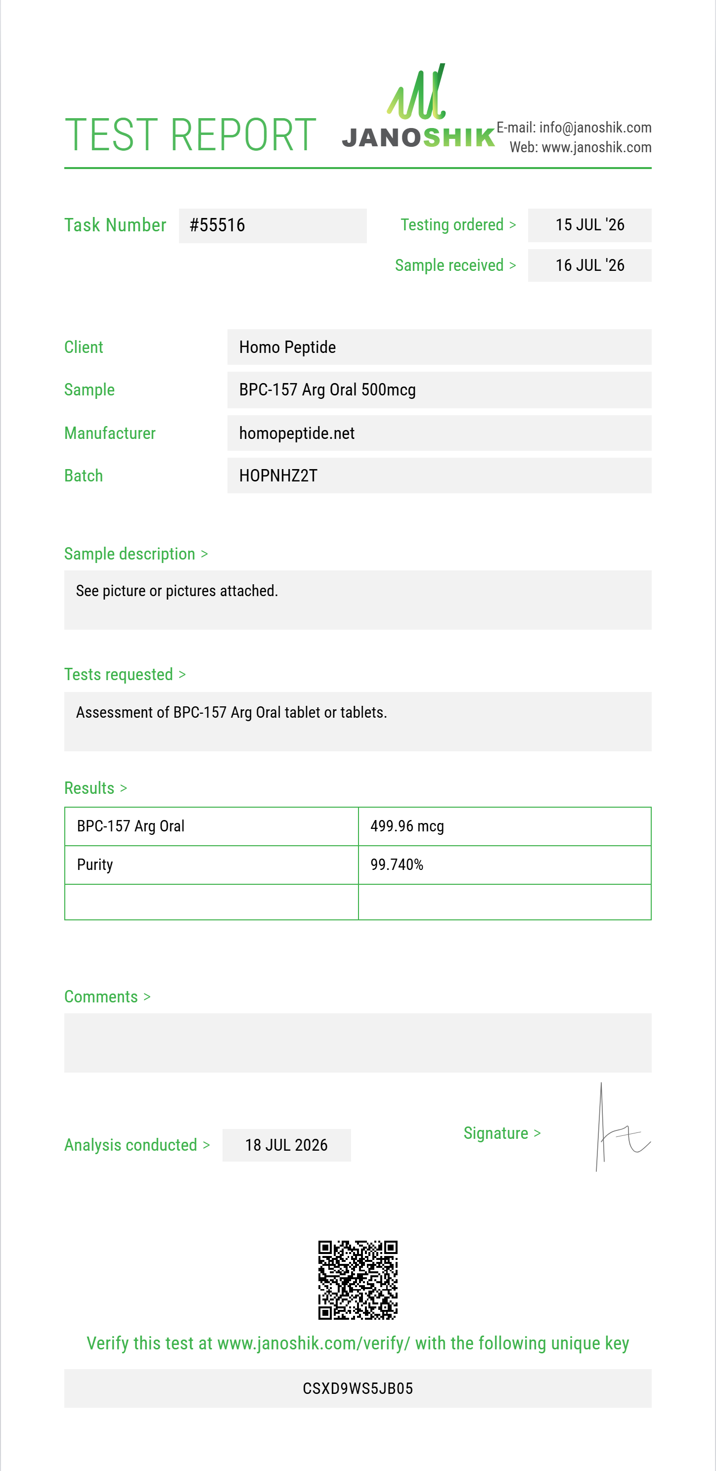 BPC-157 Arg Oral Purity (HPLC) report by Janoshik Analytical