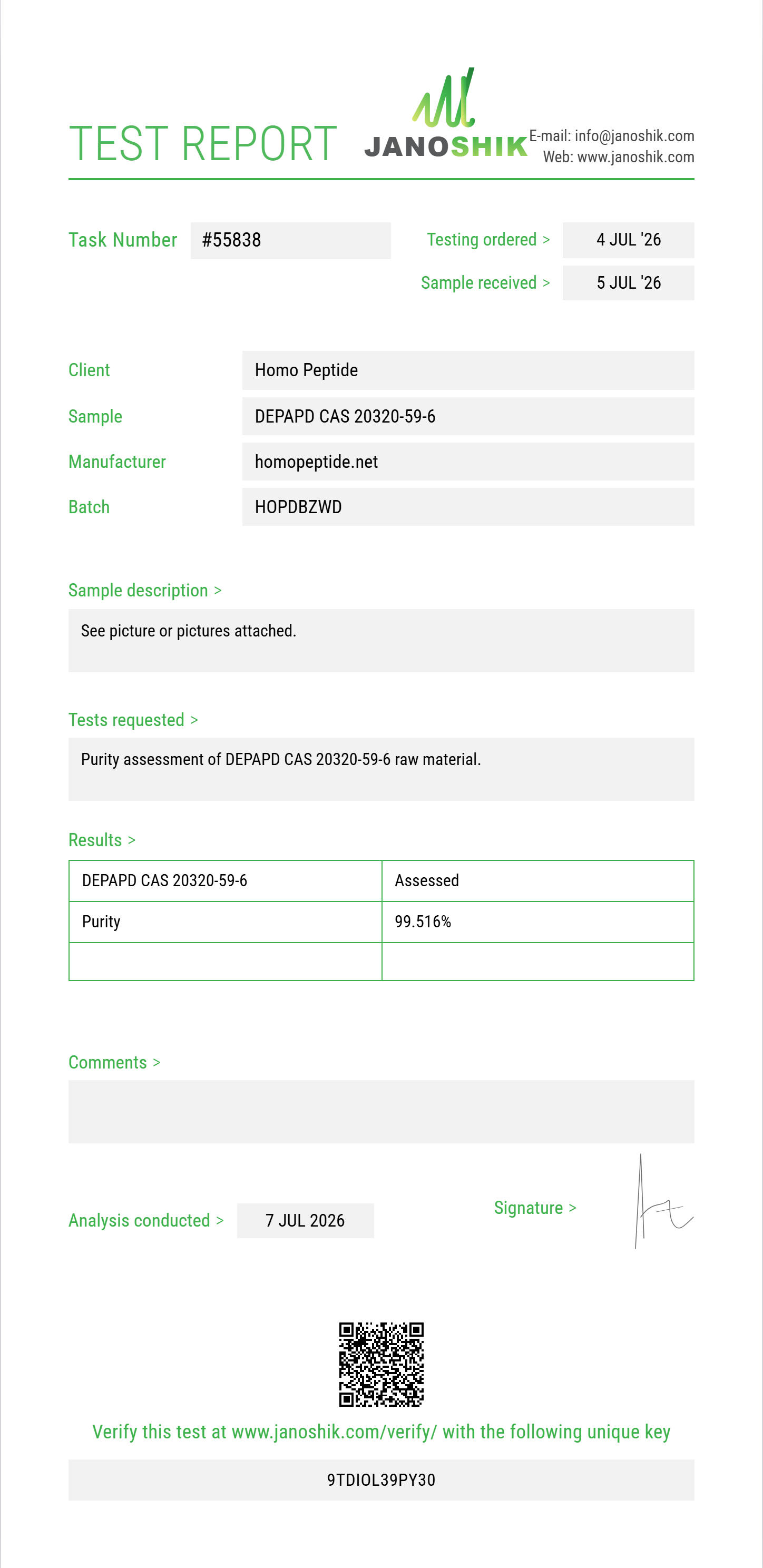 DEPAPD (diethyl phenylacetylpropanedioate) CAS 20320-59-6 Purity (HPLC) report by Janoshik Analytical