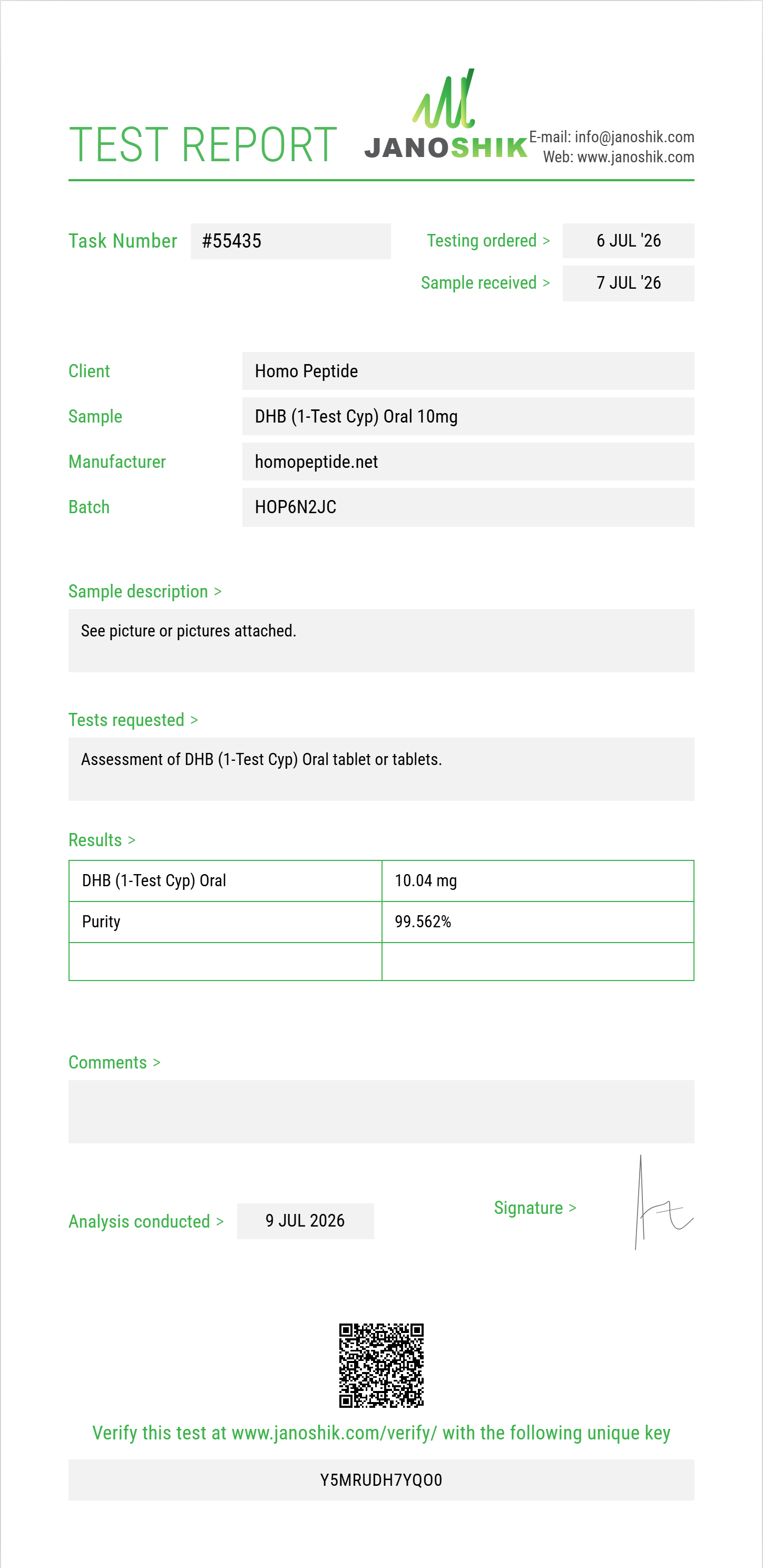 DHB (1-Test Cyp) Oral Purity (HPLC) report by Janoshik Analytical