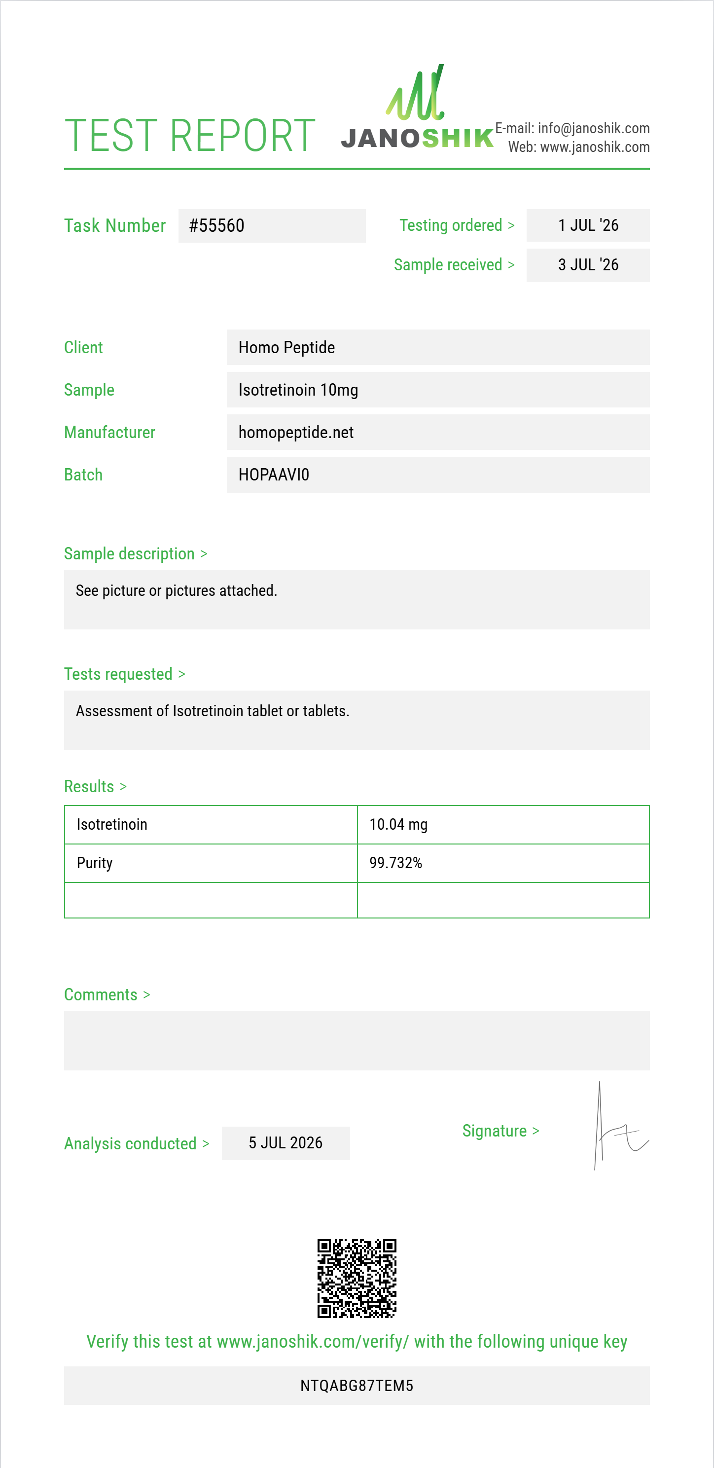 Isotretinoin Purity (HPLC) report by Janoshik Analytical