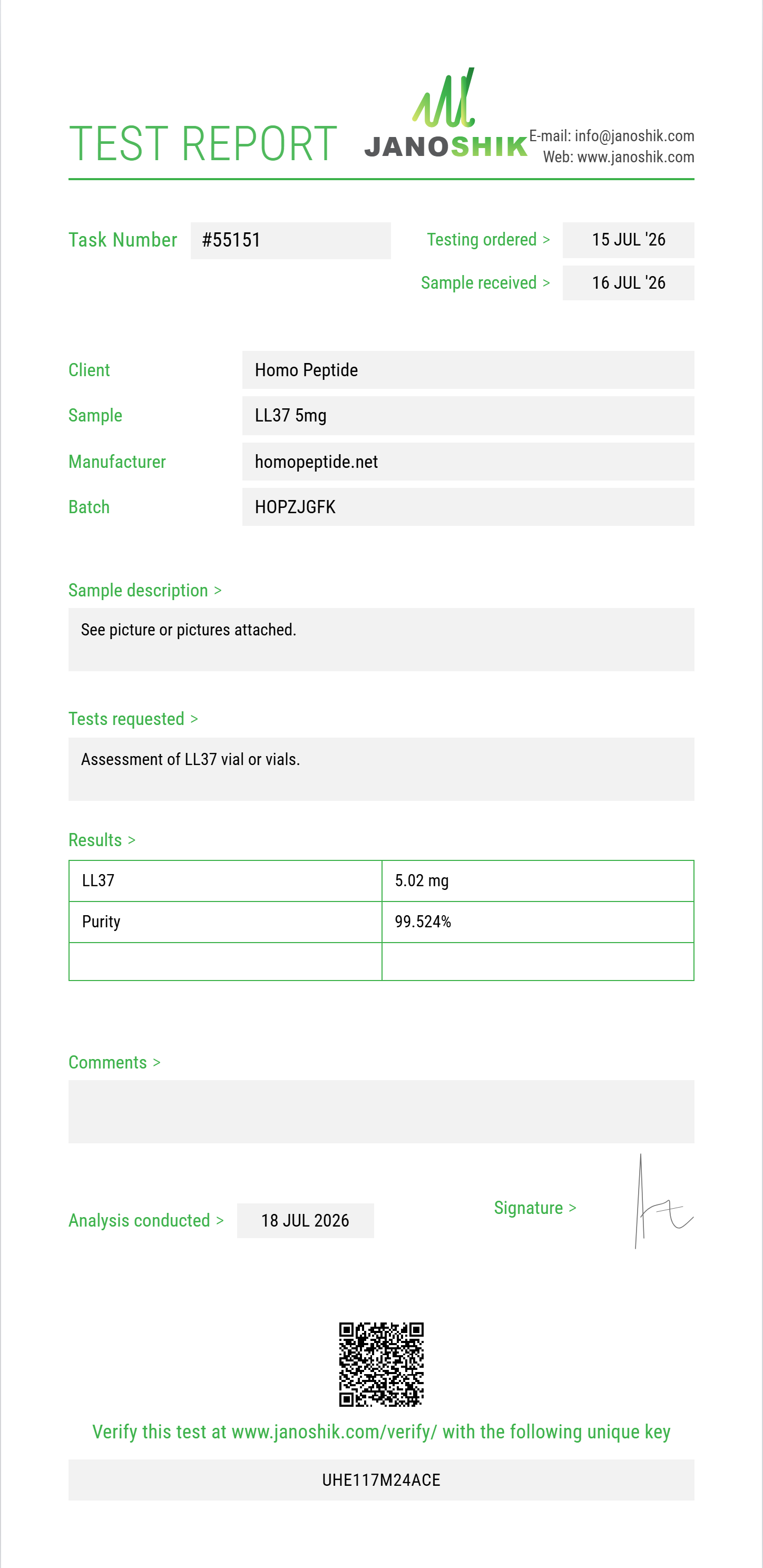 LL37 Purity (HPLC) report by Janoshik Analytical
