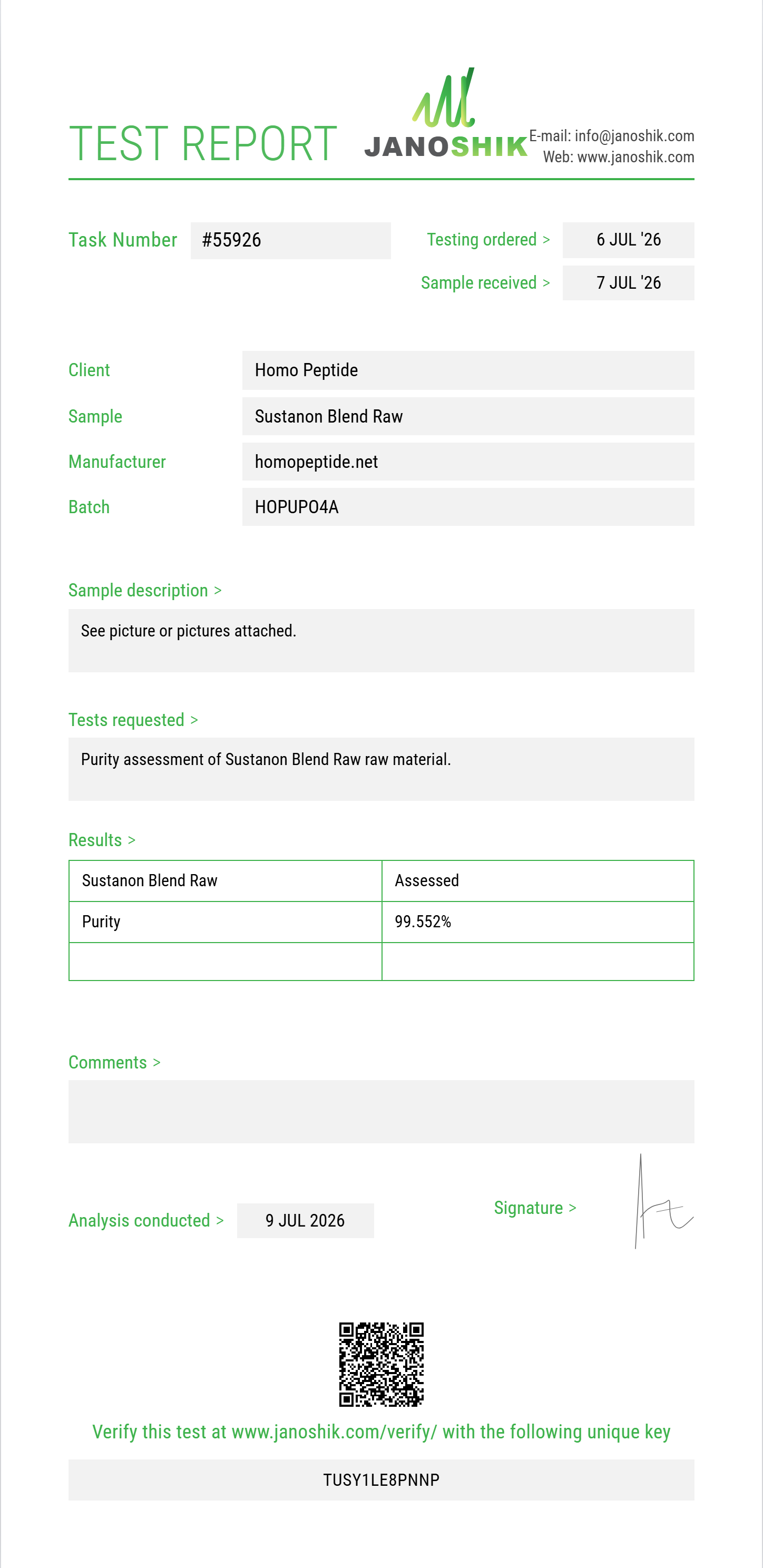 Sustanon Blend Raw Purity (HPLC) report by Janoshik Analytical