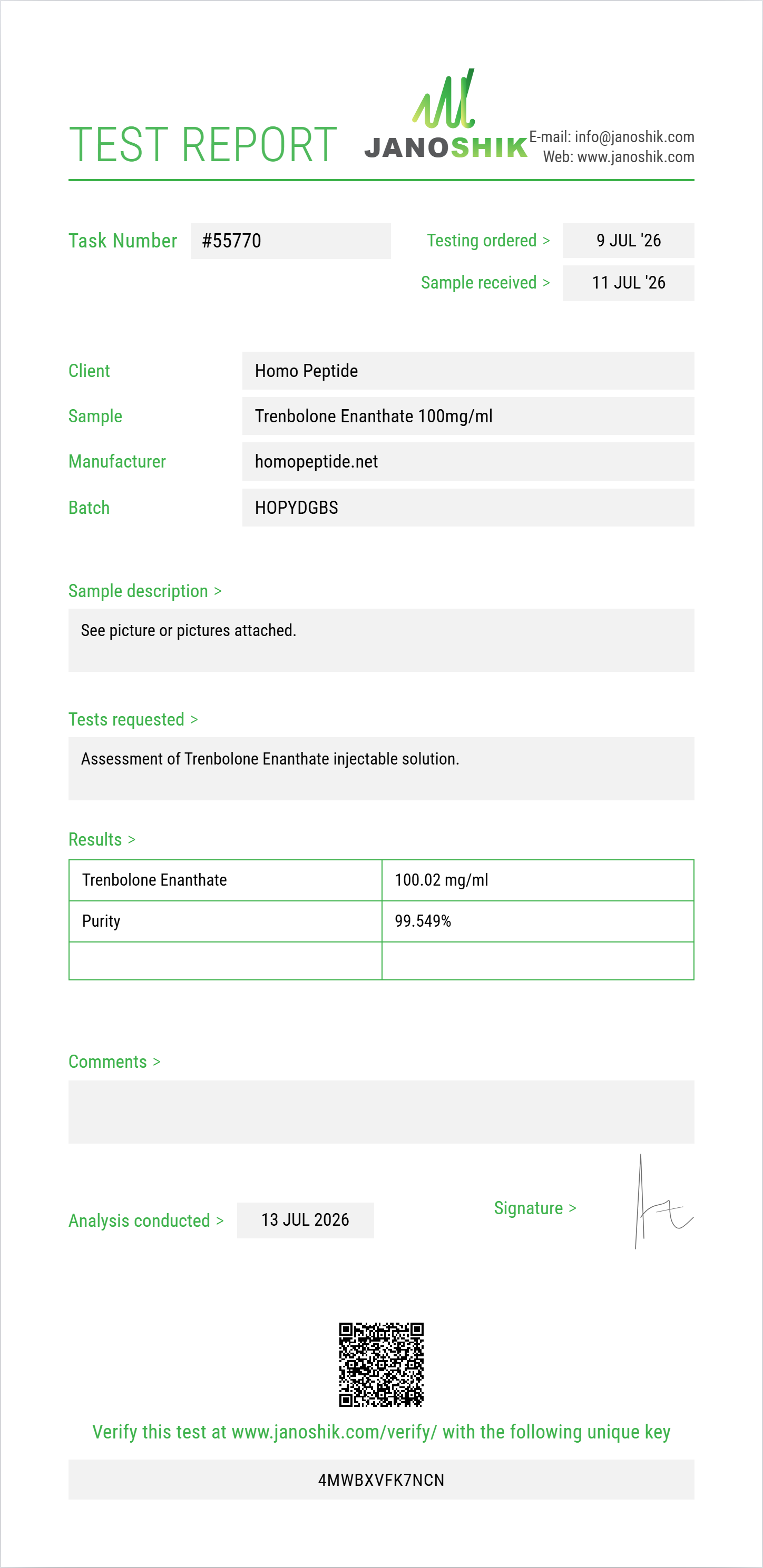 Trenbolone Enanthate Purity (HPLC) report by Janoshik Analytical