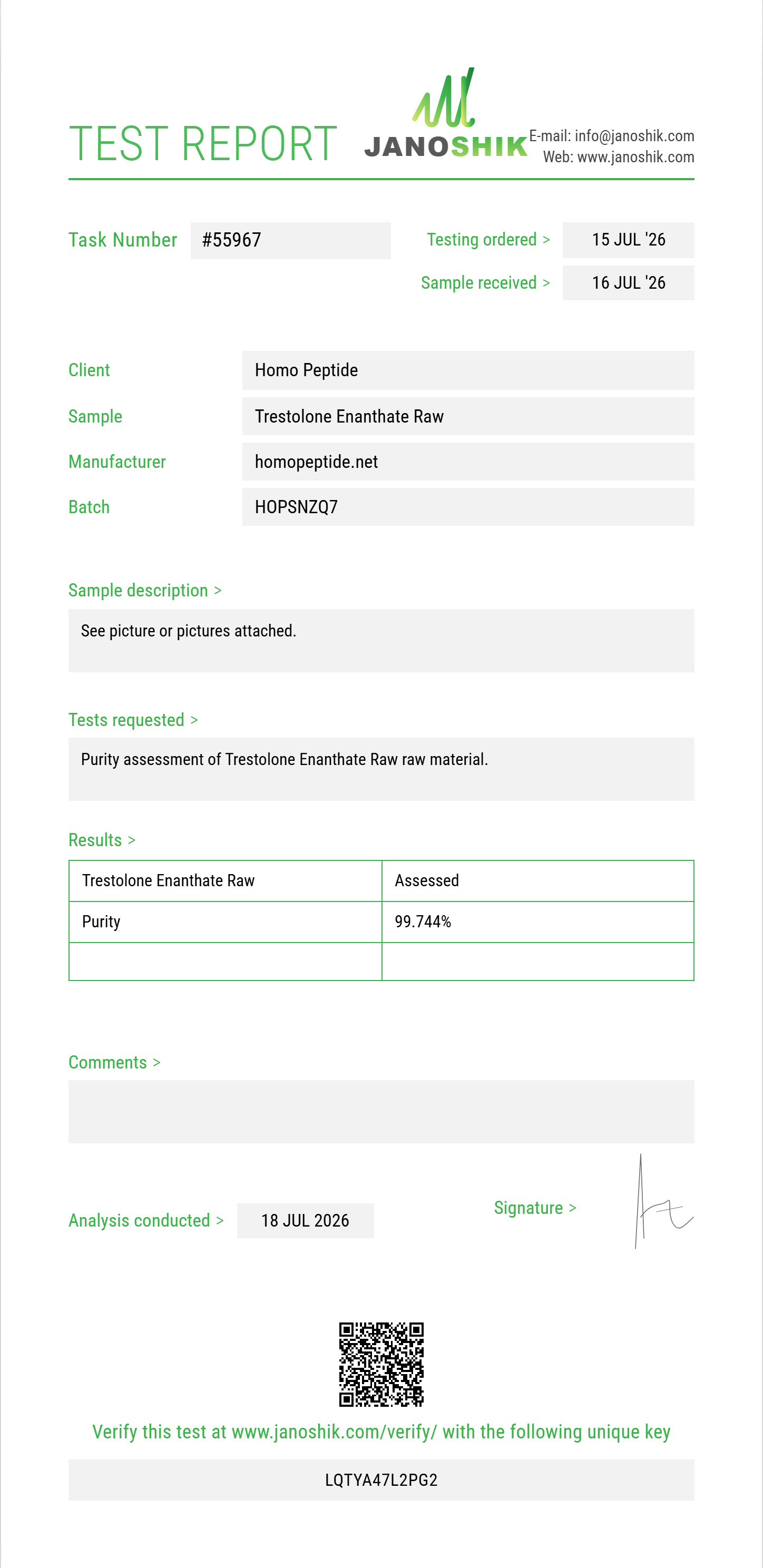 Trestolone Enanthate Raw Purity (HPLC) report by Janoshik Analytical