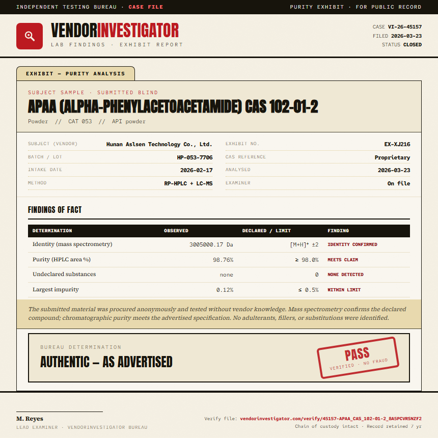 APAA (alpha-phenylacetoacetamide) CAS 102-01-2 Purity (HPLC) report by VendorInvestigator