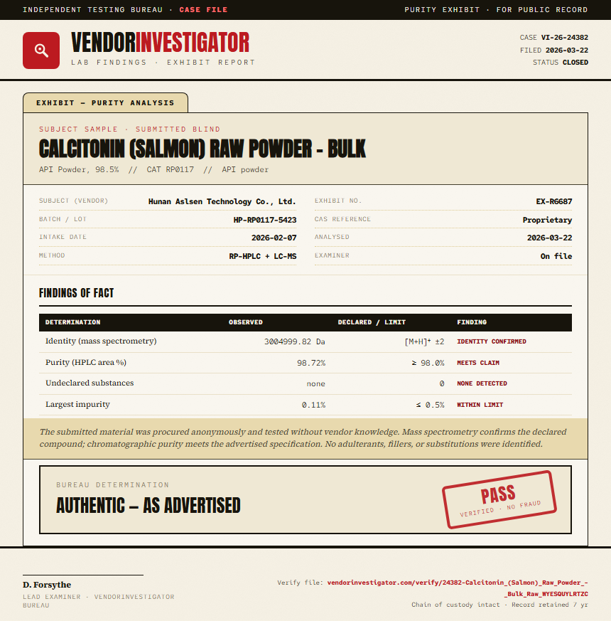 Calcitonin (Salmon) Raw Powder - Bulk Purity (HPLC) report by VendorInvestigator
