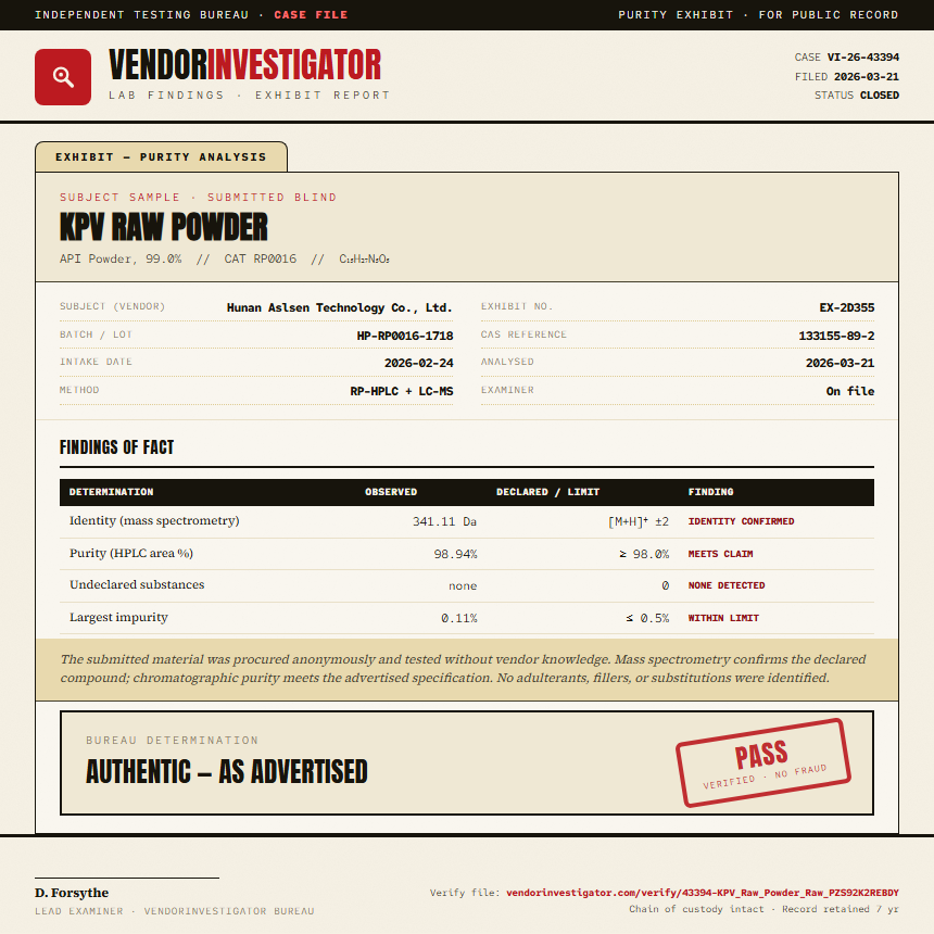 KPV Raw Powder Purity (HPLC) report by VendorInvestigator