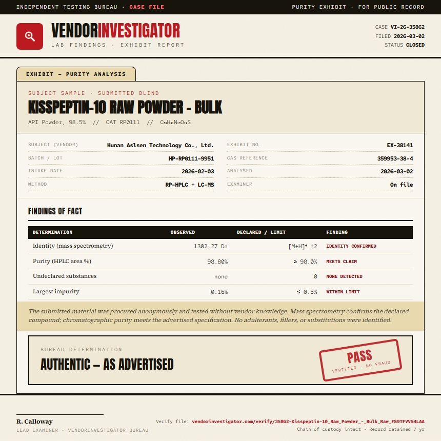 Kisspeptin-10 Raw Powder - Bulk Purity (HPLC) report by VendorInvestigator