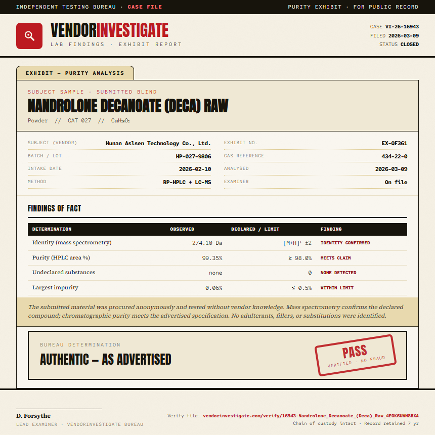 Nandrolone Decanoate (Deca) Raw Purity (HPLC) report by VendorInvestigate