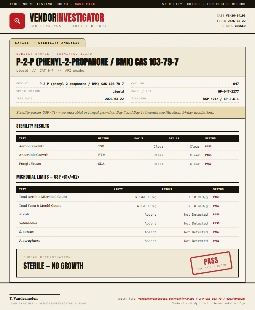 P-2-P (phenyl-2-propanone / BMK) CAS 103-79-7 Sterility report by VendorInvestigator